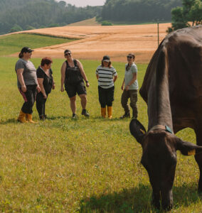 Gruppe von Personen mit einer Kuh auf einem Feld